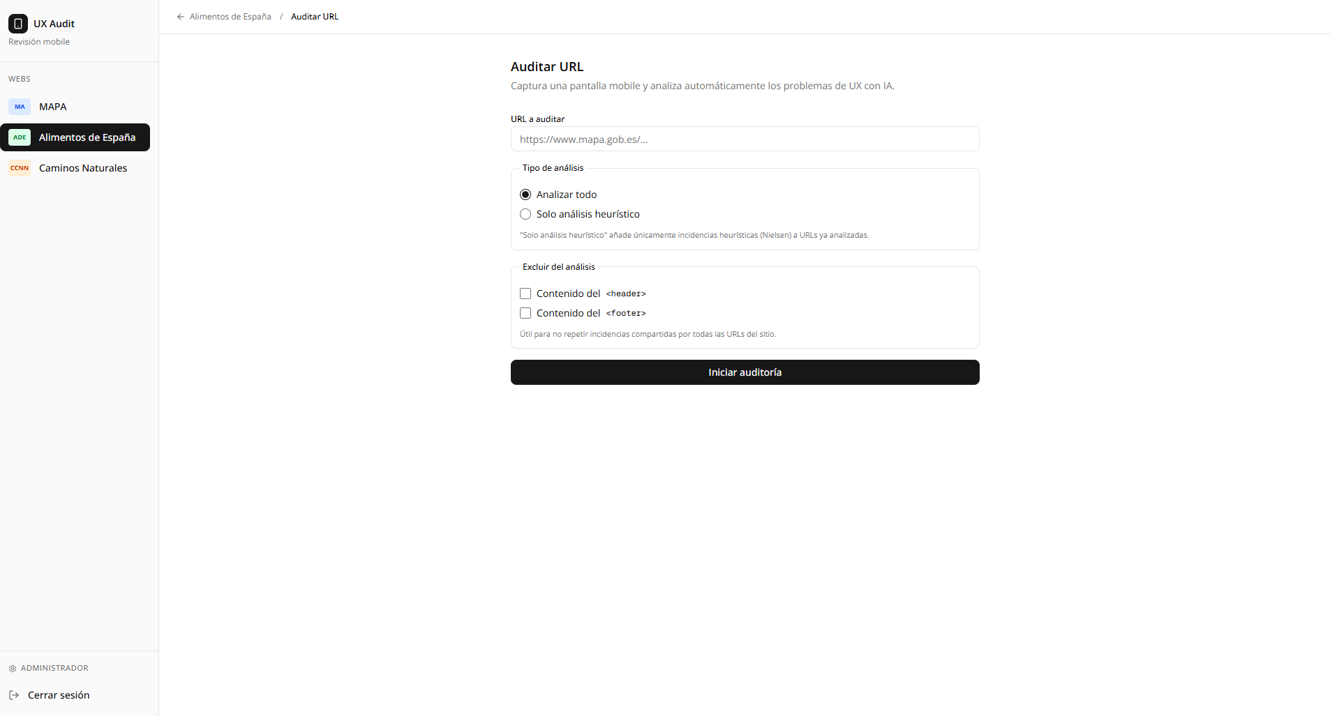Flujo de auditoría automática: insertar URL y ejecutar análisis