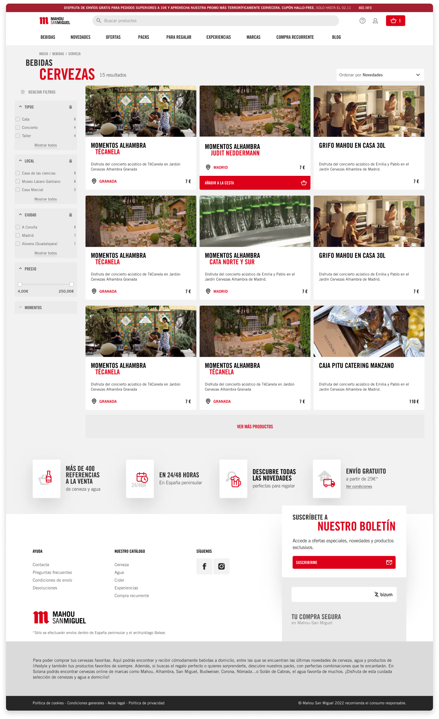 PLP Experiencias: página de listado de experiencias